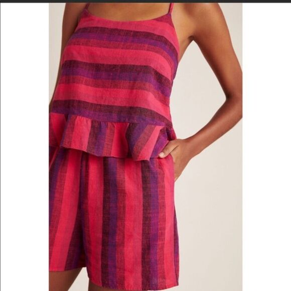 Striped Anthropologie Amadi Linen Ruffle Trim Racerback Romper Shorts (NWT) - Picture 2 of 4